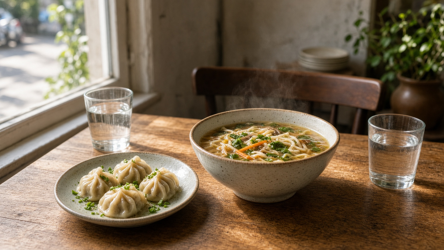 A casual lunch table with noodles and dumplings